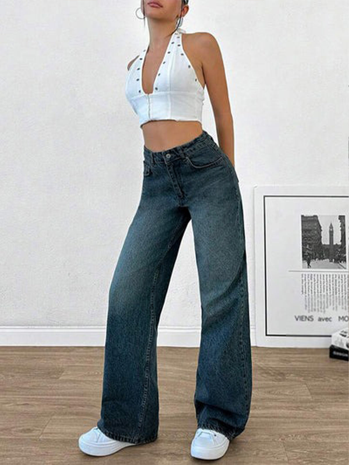 Cyber Blue Tinted Wide Leg Jeans