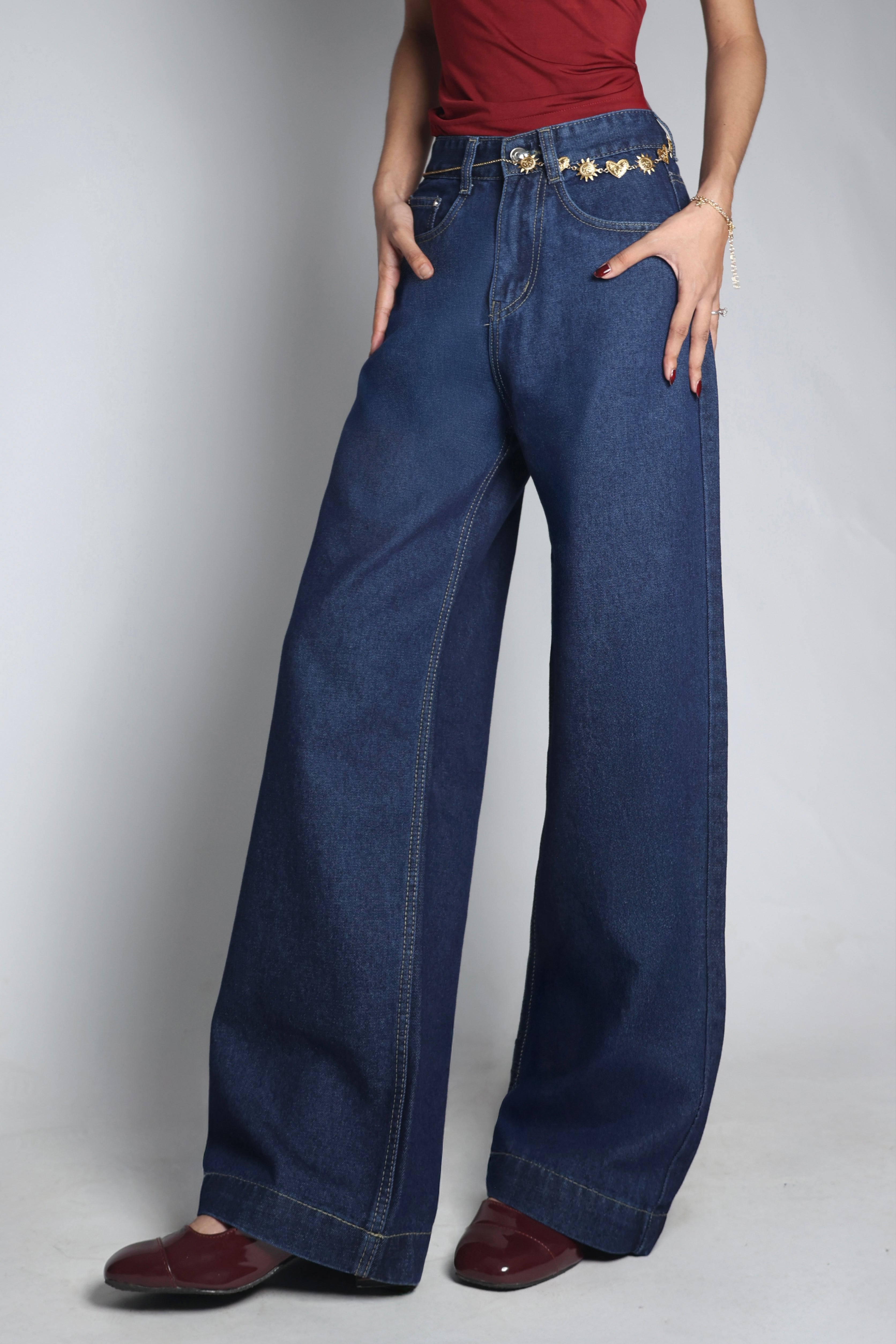 Ink Blue Raw Washed Wide Leg Jeans