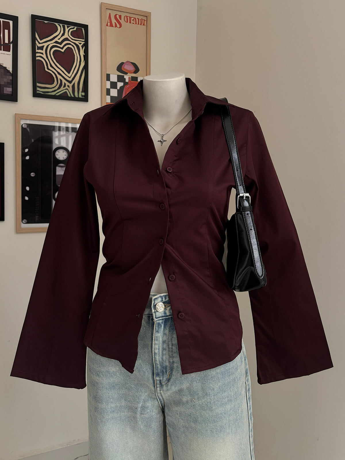 Deep Cherry Flared Sleeve Y2K Fitted Shirt
