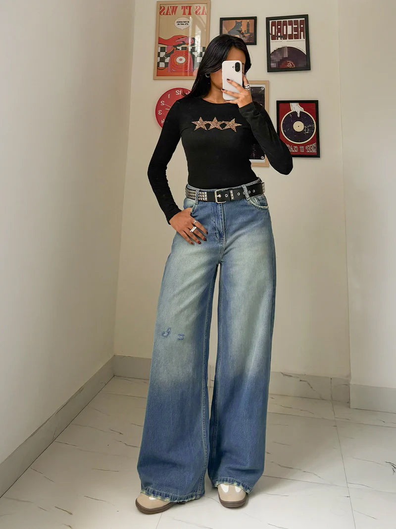 Airy Blue Washed Wide Leg Jeans