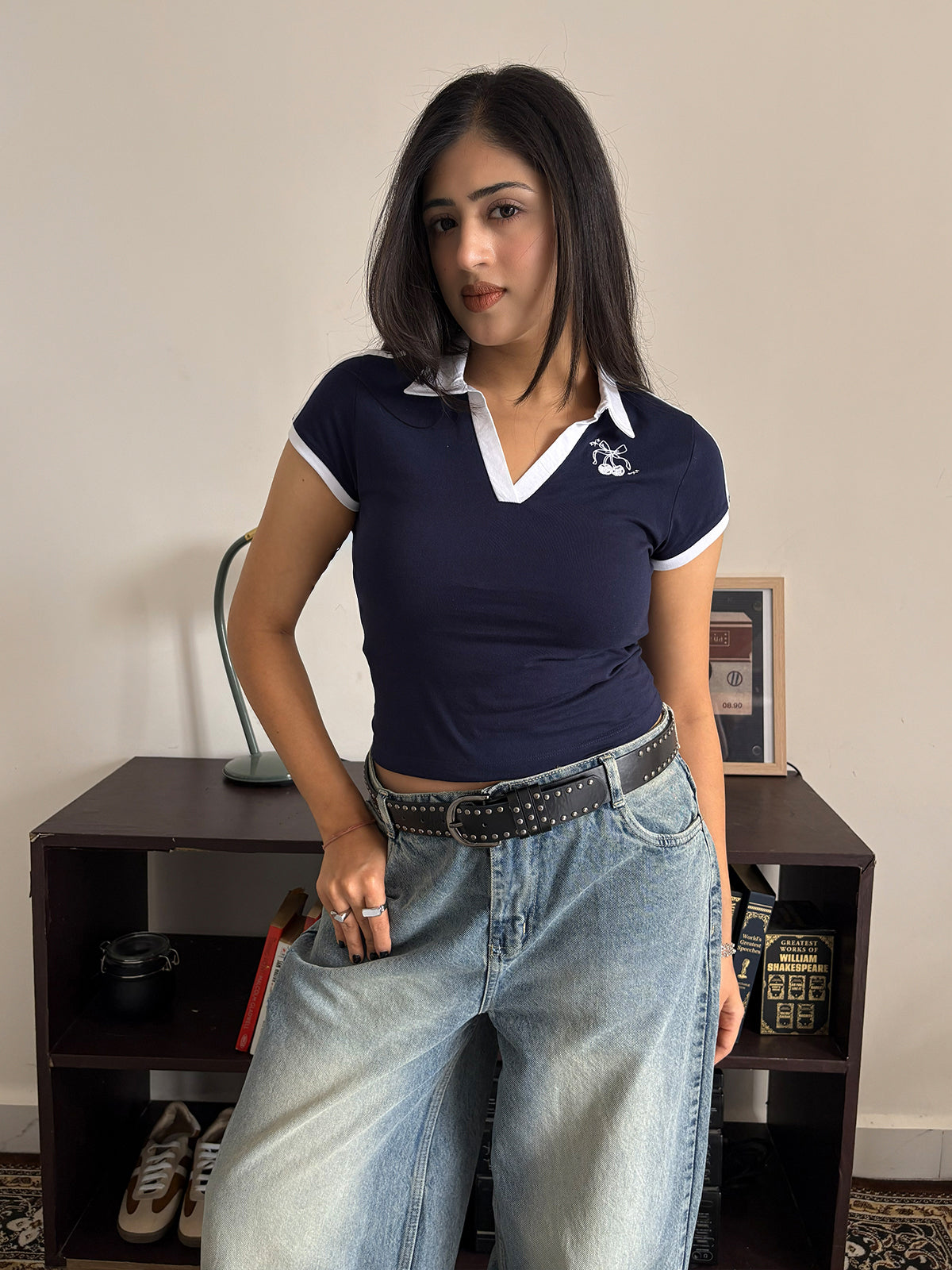 Navy Contrast Detail Embroidered Polo Tee