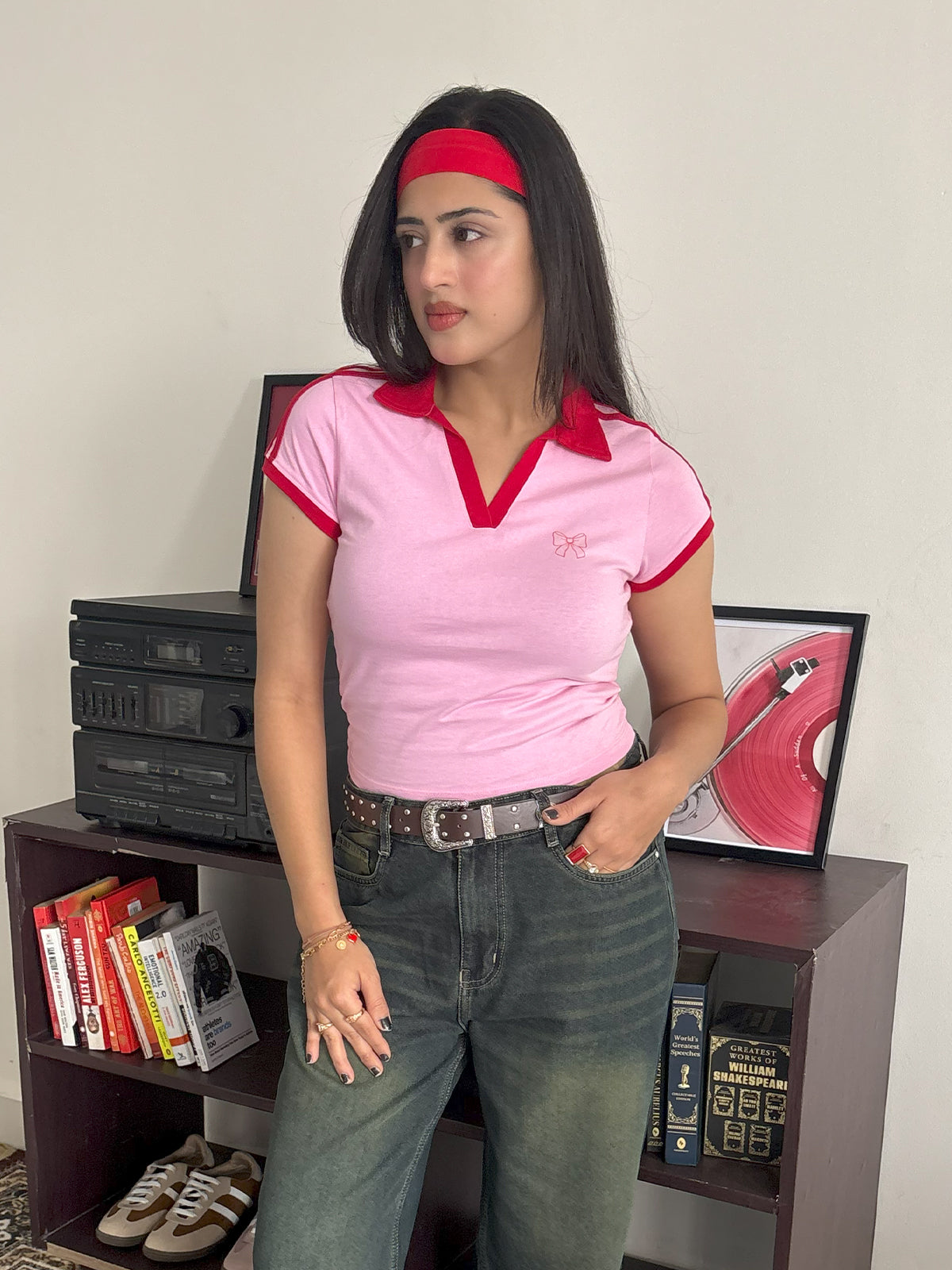 Soft Pink Contrast Detail Bow Graphic Polo Tee