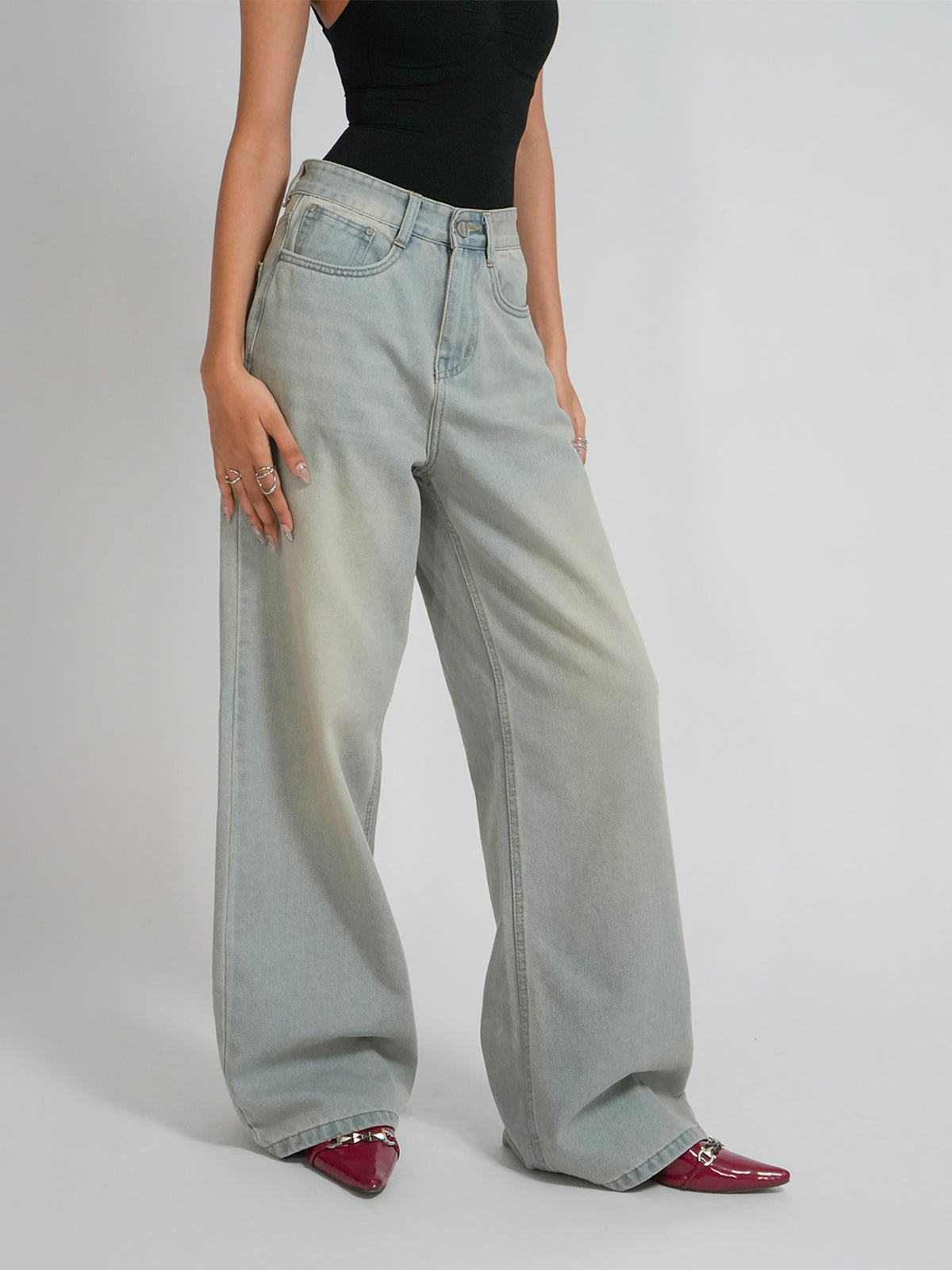Pale Blue Dirty Wash Wide Leg Jeans