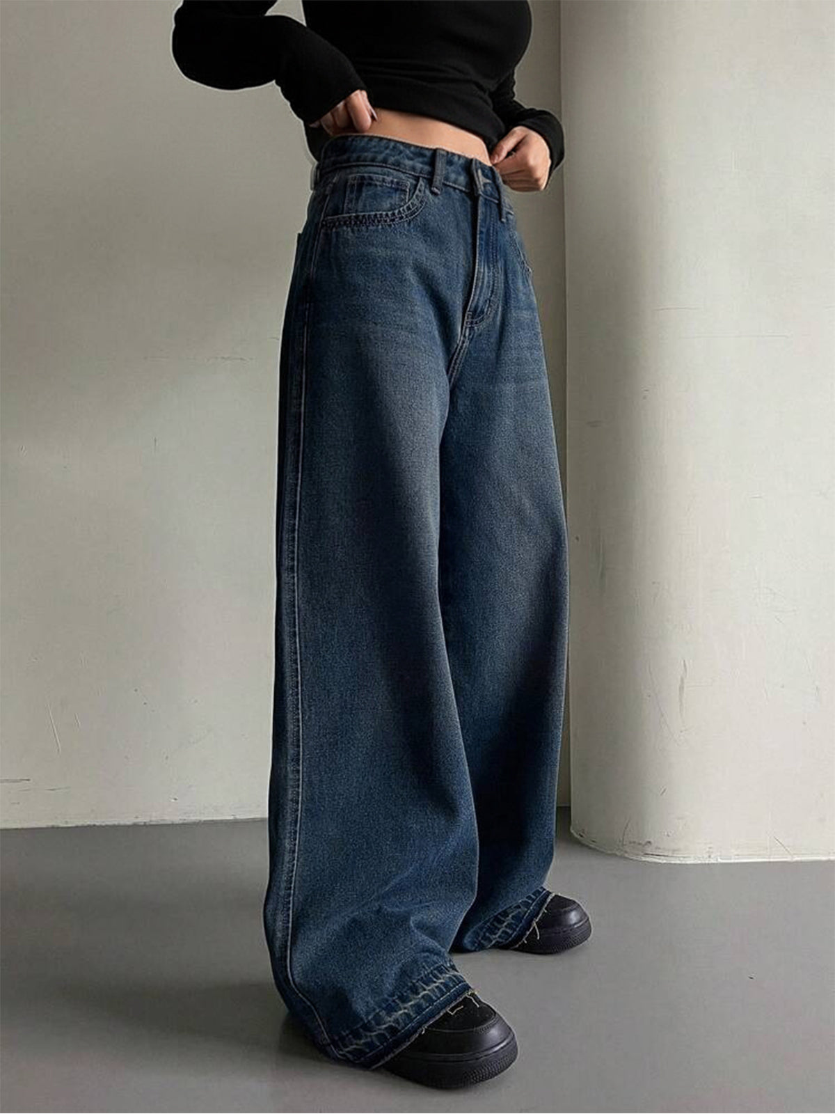 Dark Blue Whisker Y2K Wide Leg Jeans