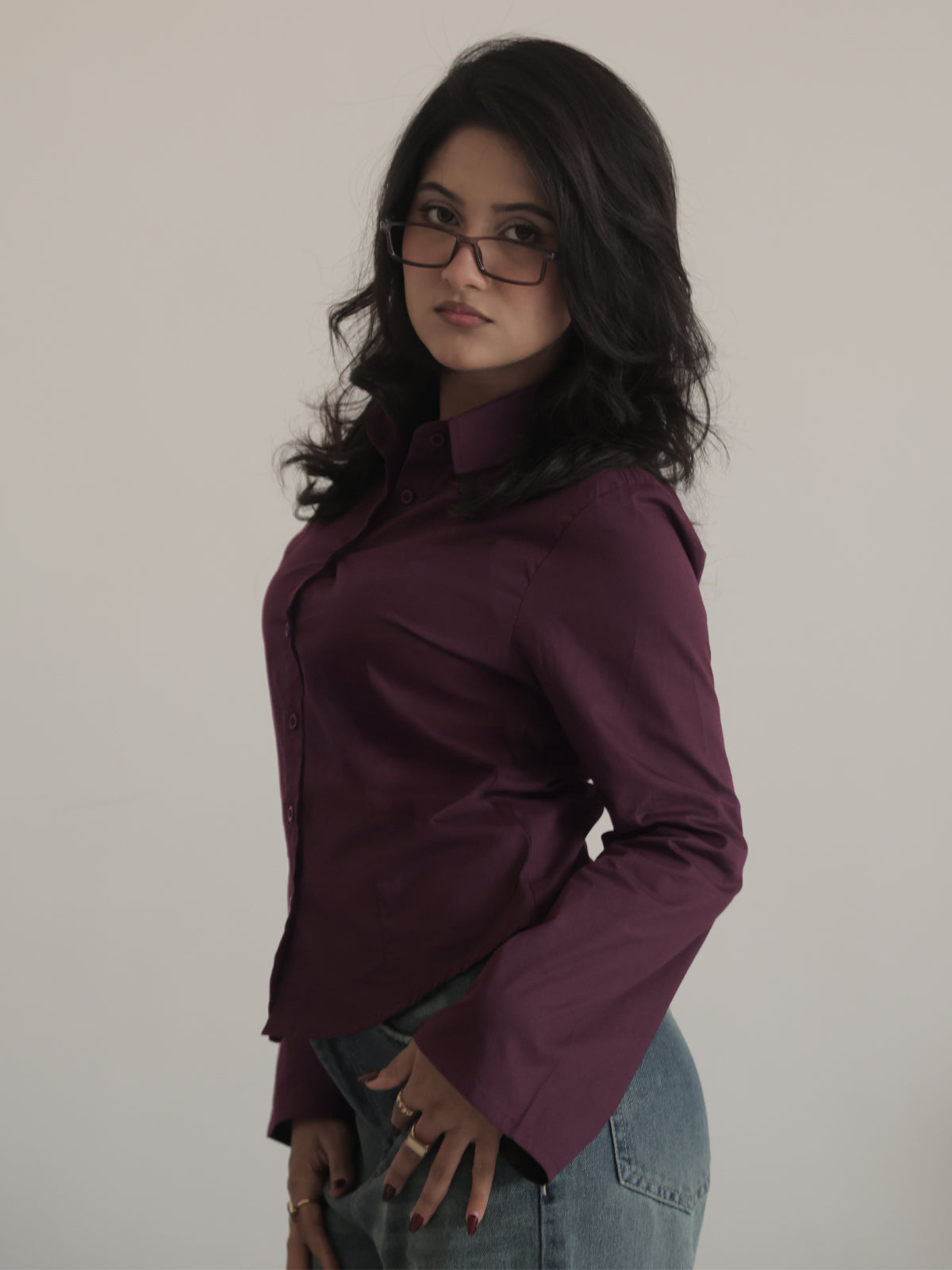 Plum Flared Sleeve Y2K Fitted Shirt