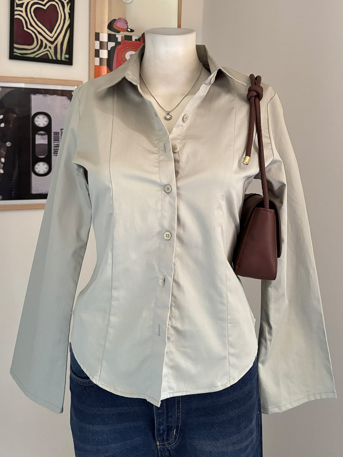 Sage Green Flared Sleeve Y2K Fitted Shirt