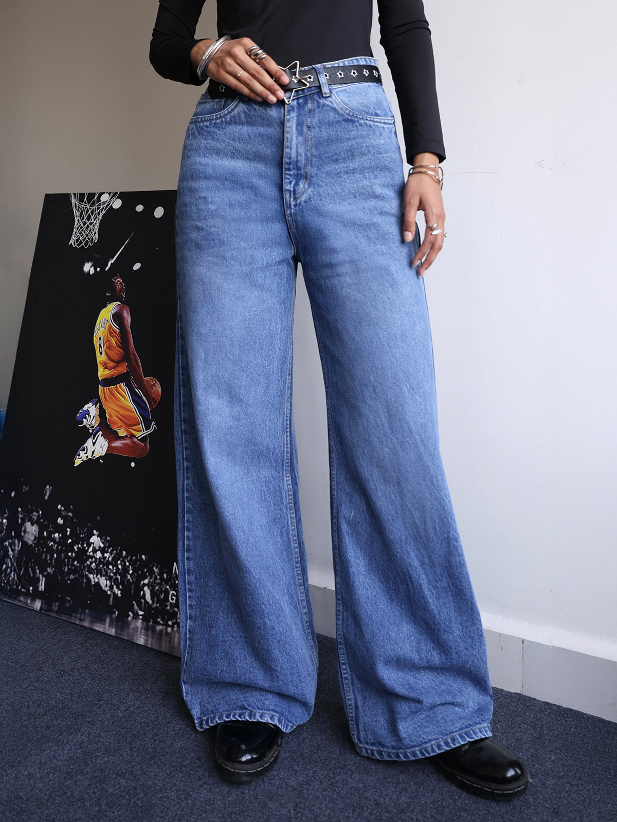 Soft Mist Blue Washed Super Wide Leg Jeans