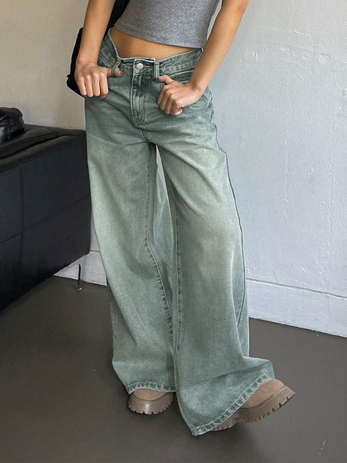 Sea Green Washed Ultra Wide Leg Jeans