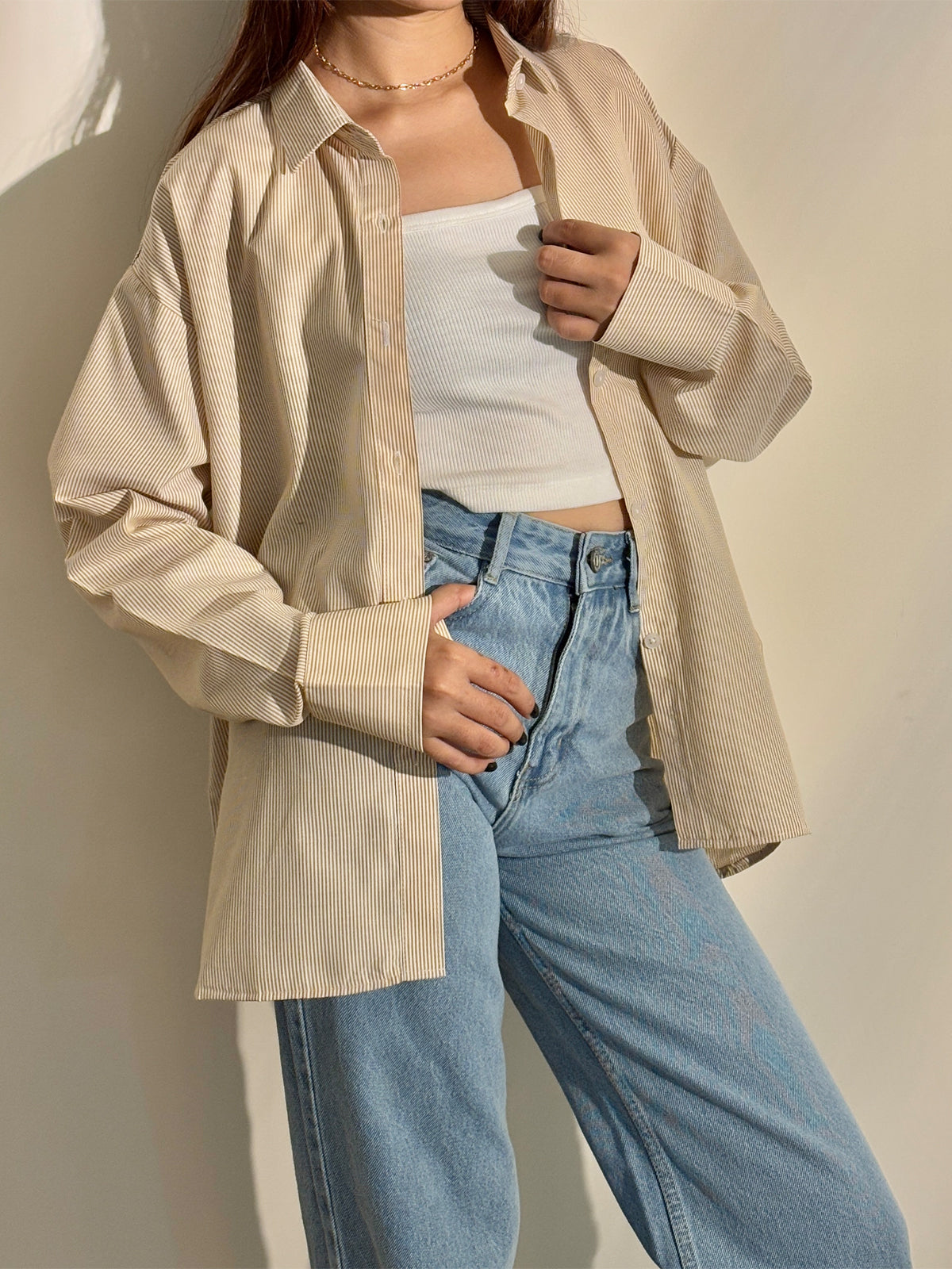Beige Striped Drop Shoulder Shirt