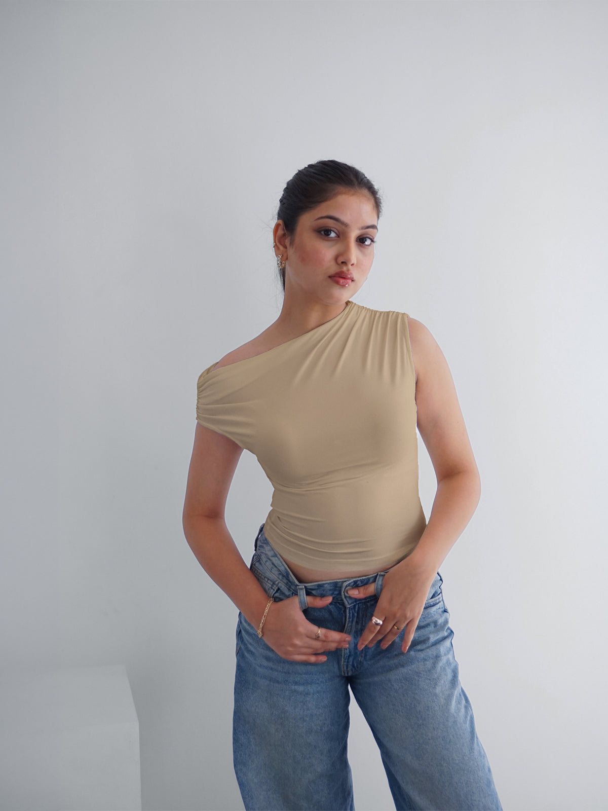Beige Asymmetrical Neck Slim Fit Top