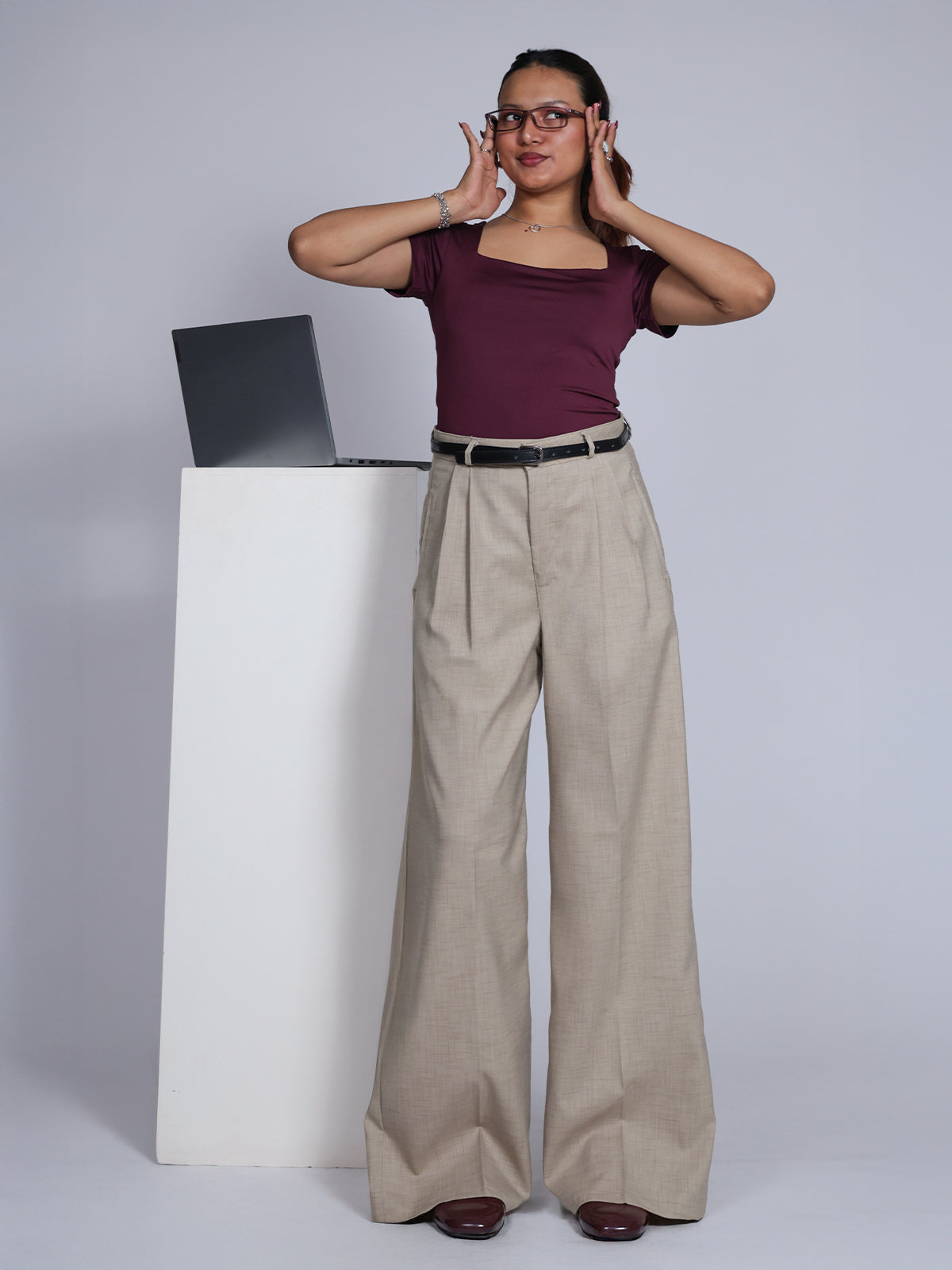 Walnut Brown Belted Wide Leg Korean Pant