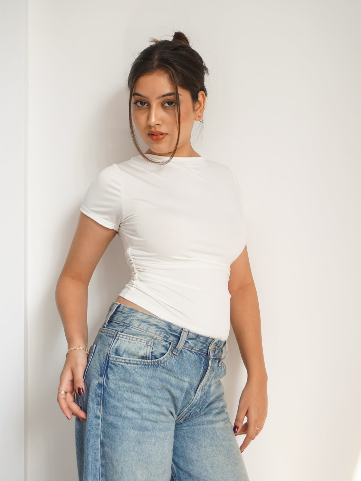 White Ruched Round Neck Top