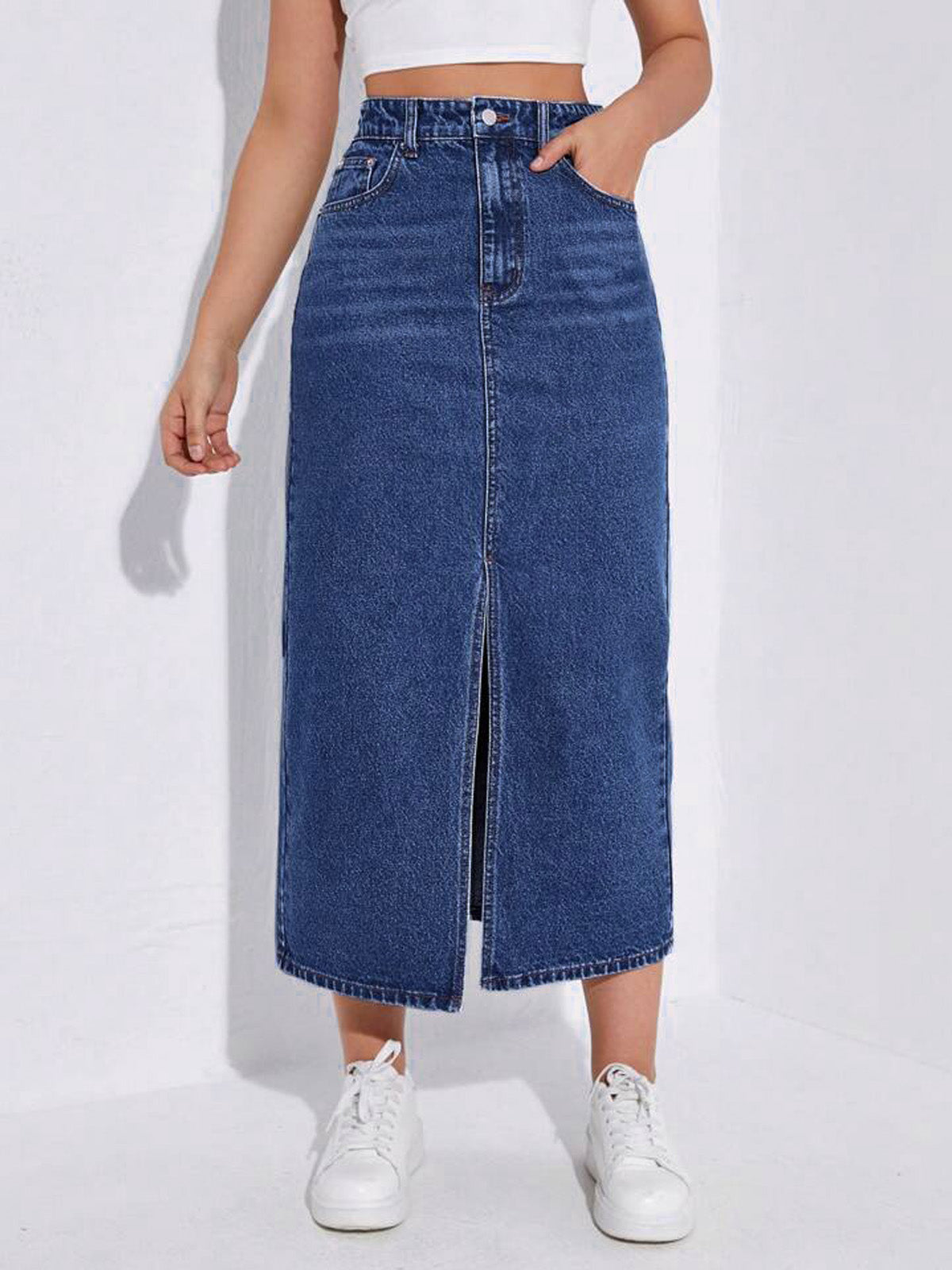 Dark Blue Whisker Long Denim Skirt