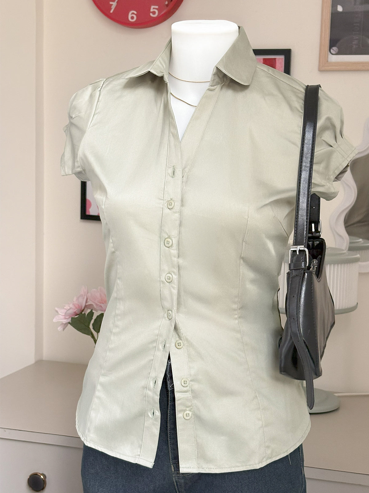Sage Green Short Sleeve Y2K Fitted Shirt