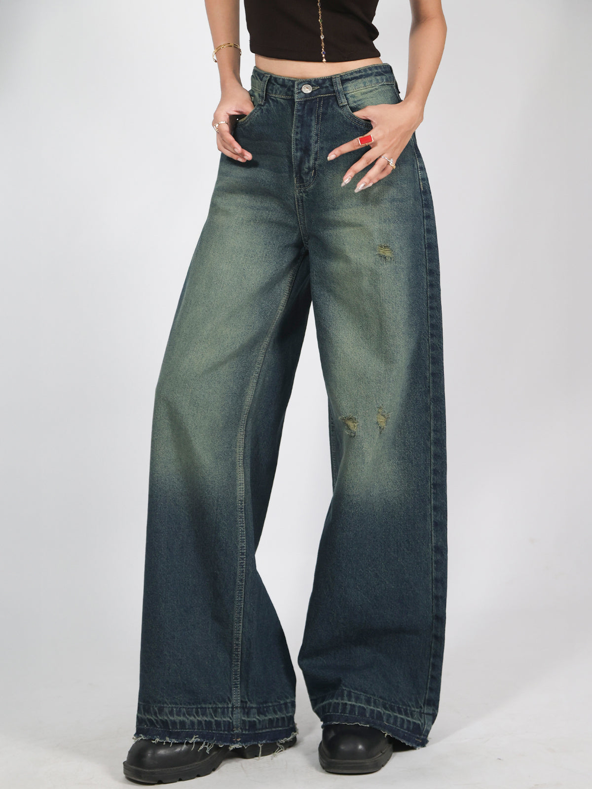 Twilight Green Washed Y2K Super Wide Leg Jeans