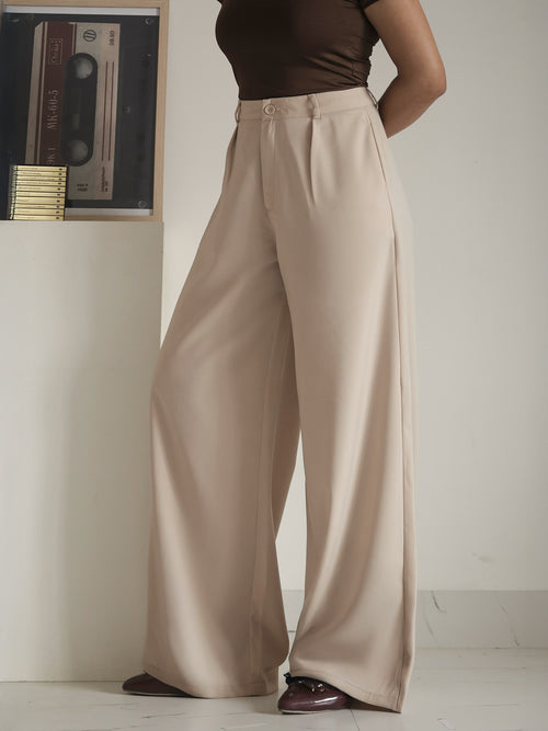 Warm Beige Pleated Wide Leg Korean Pants