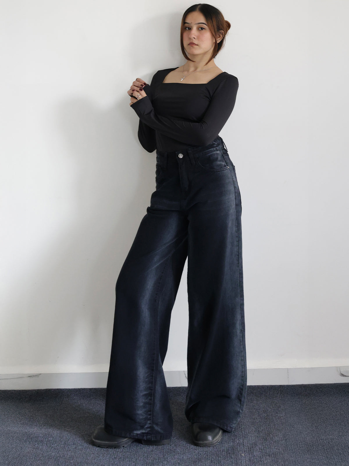 Dawn Black Ombre Washed Wide Leg Jeans