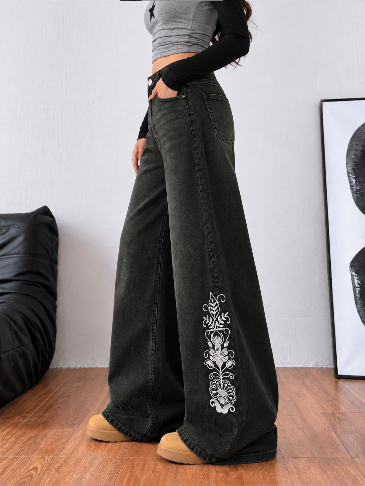 Forest Black Embroidered Wide Leg Jeans