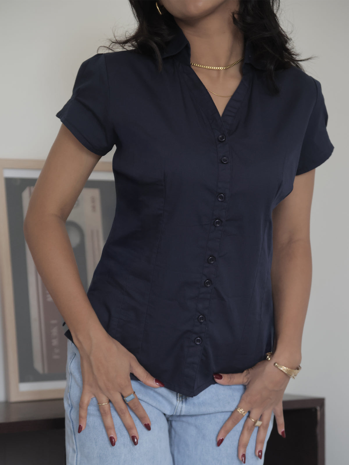 Navy Short Sleeve Y2K Fitted Shirt