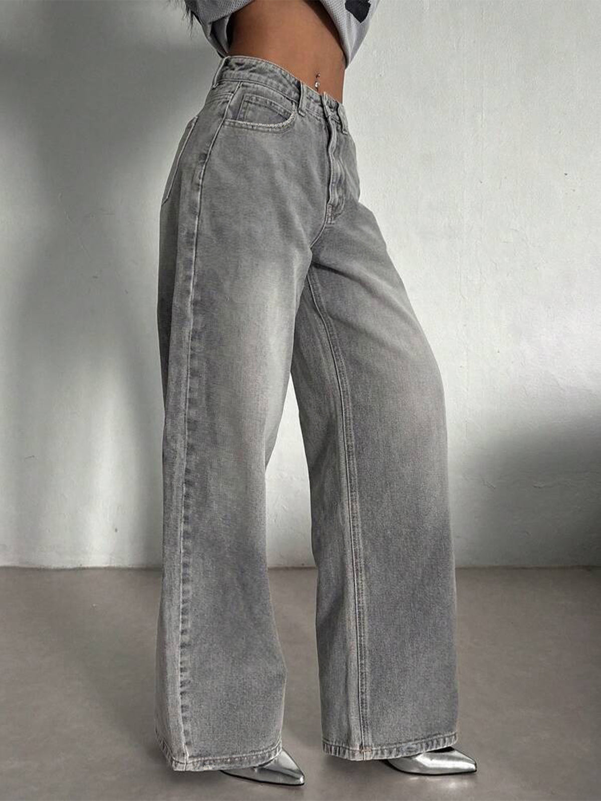 Comet Grey Washed Wide Leg Jeans