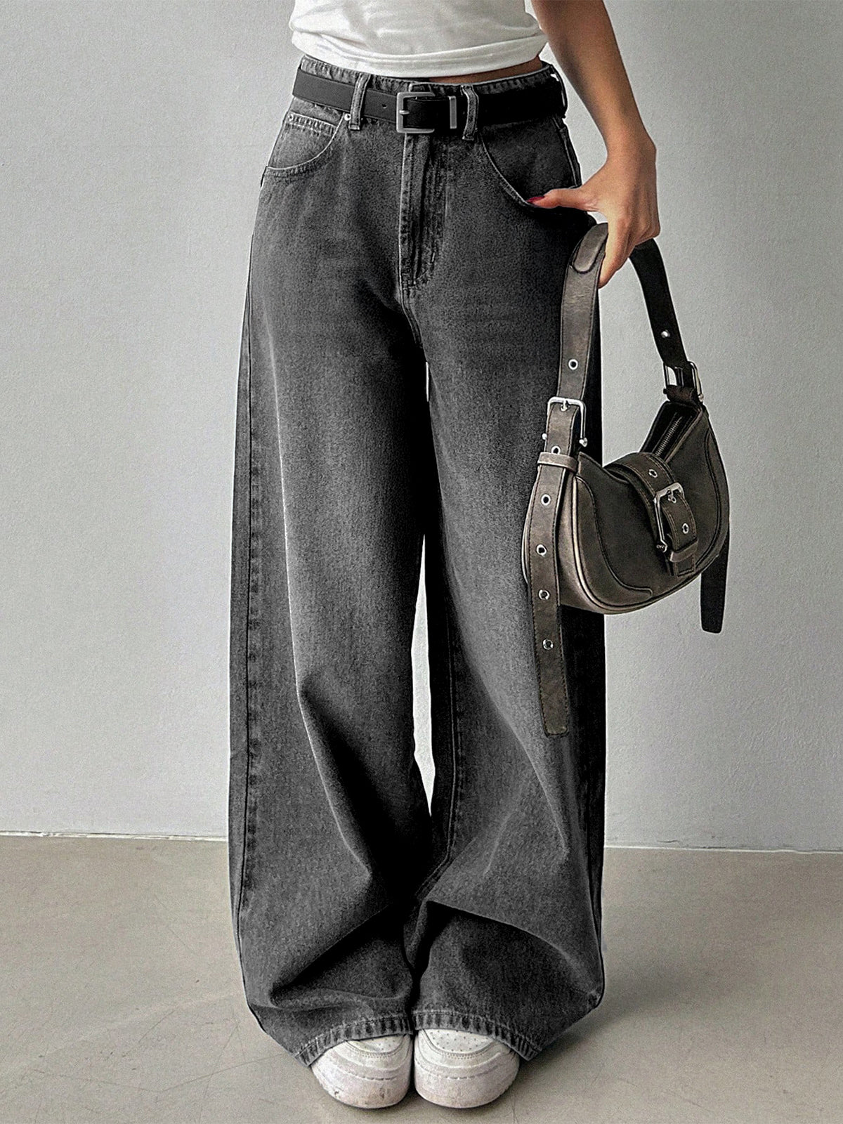 80'S Ash Grey Washed Super Wide Leg Jeans
