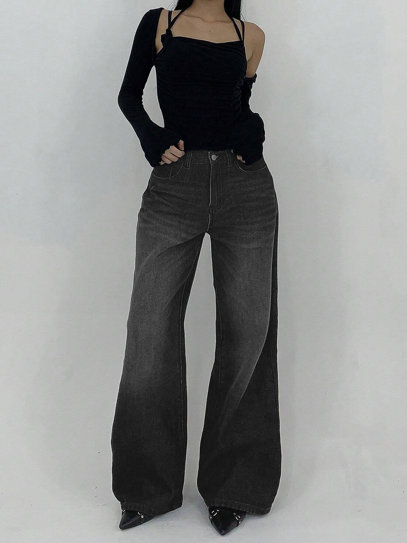 Space Black Washed Low Waist Wide Leg Jeans
