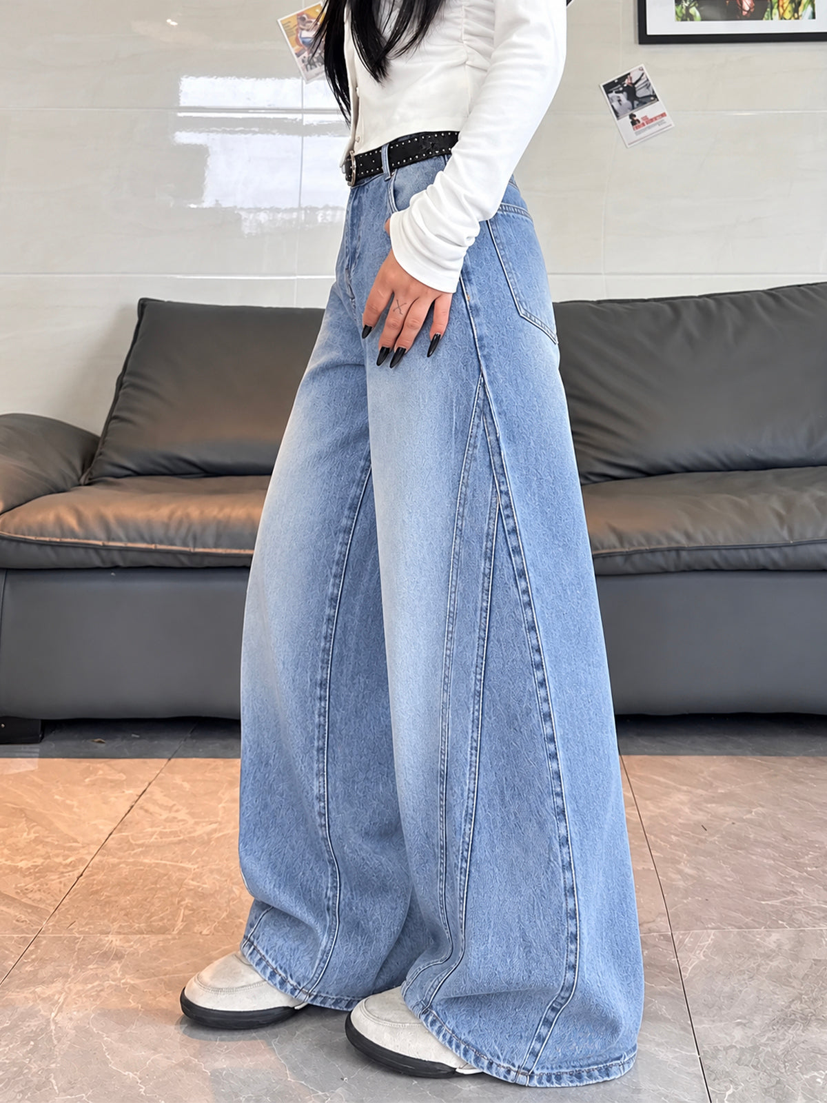 Clover Blue Panelled Super Wide Leg Jeans