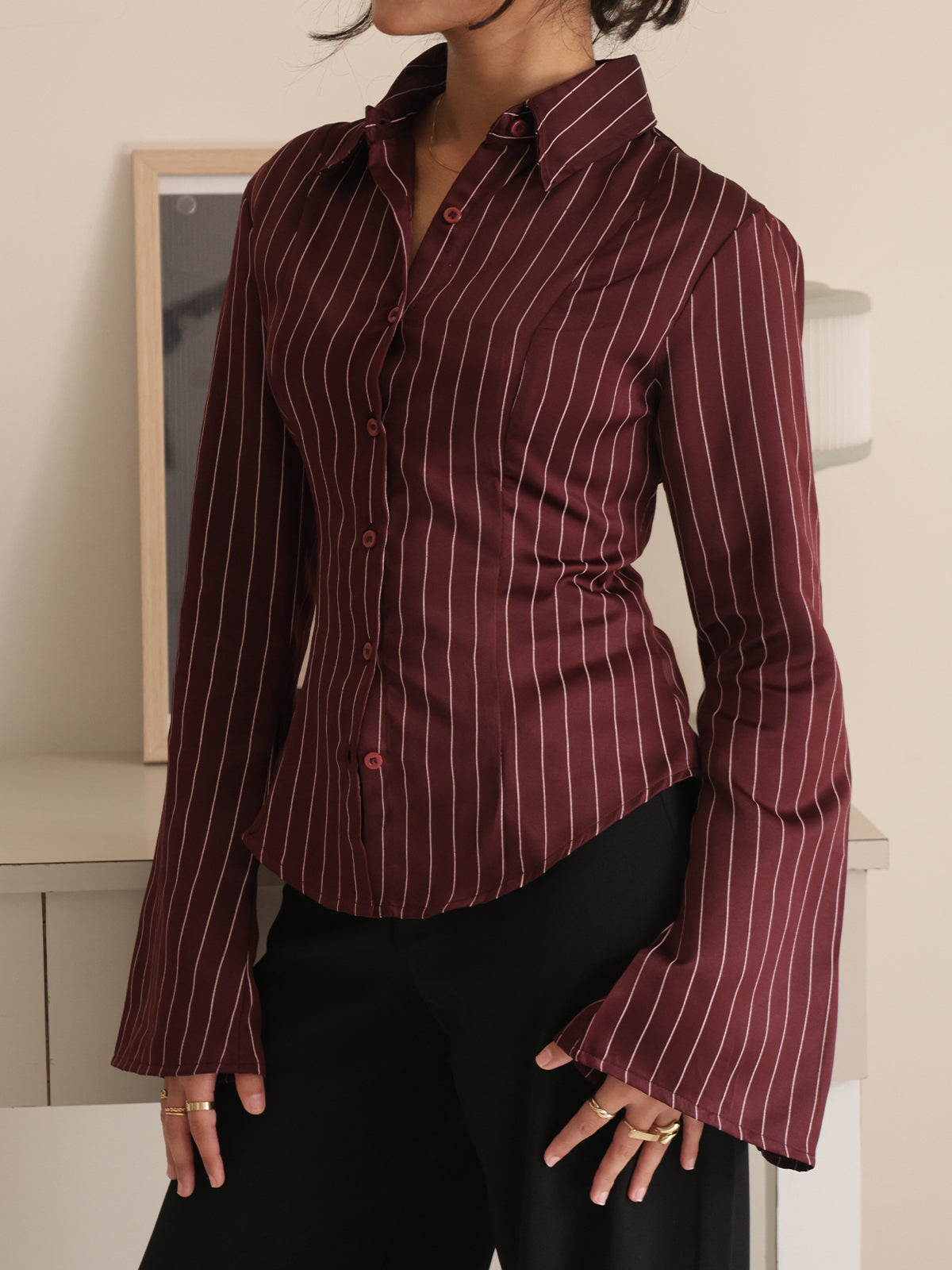 Wine Striped Flared Sleeve Fitted Shirt