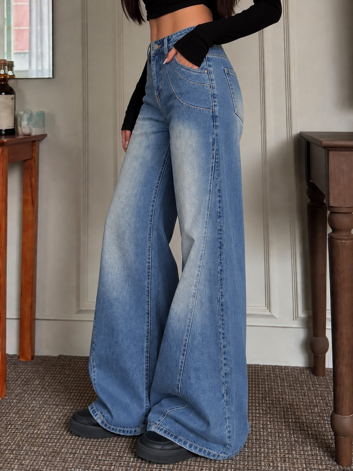 London Blue Panelled Super Wide Leg Jeans