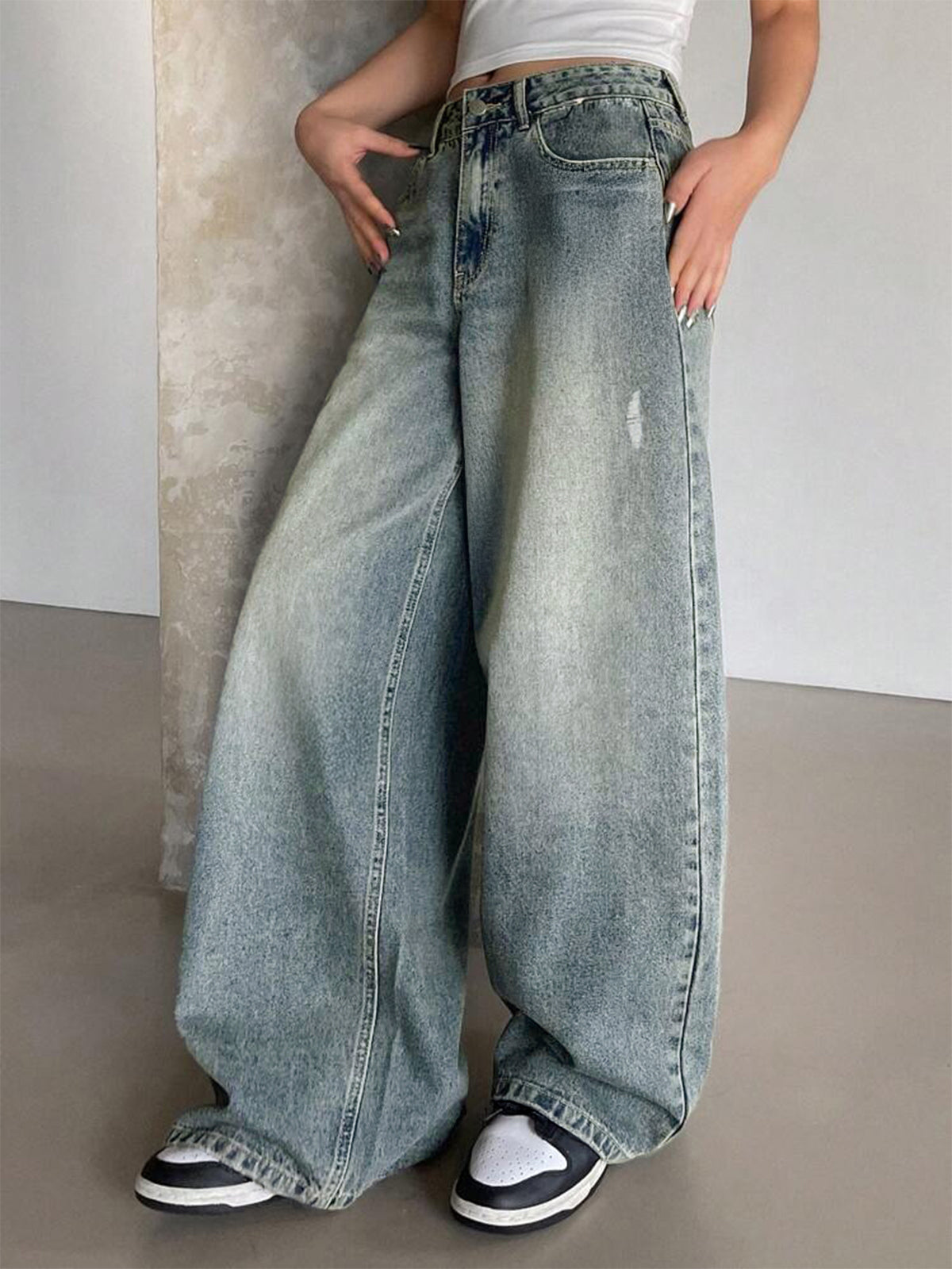 Smoke Blue Washed Wide Leg Jeans