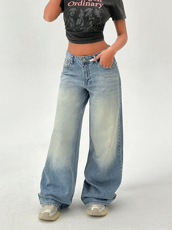 Soft Blue Washed Wide Leg Jeans