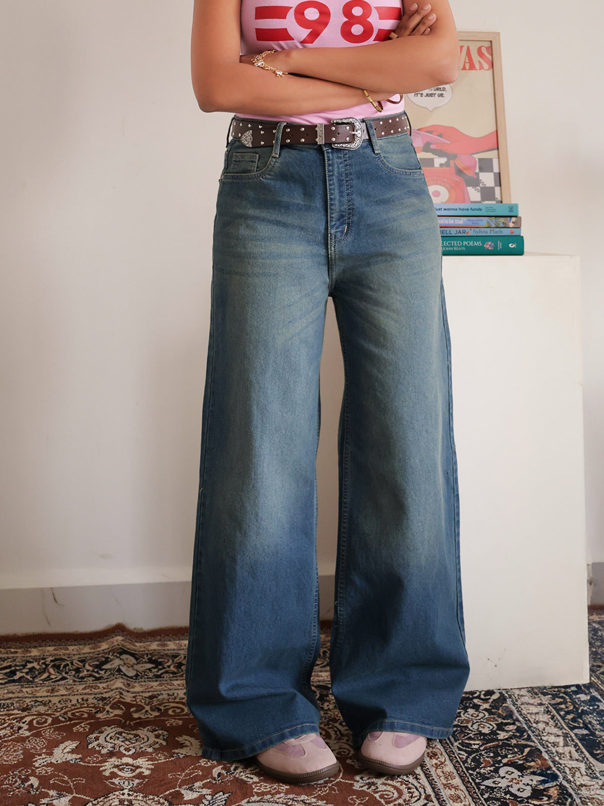 Luxe Vintage Aqua Blue Cat Whisker Stretchable Wide Leg Jeans
