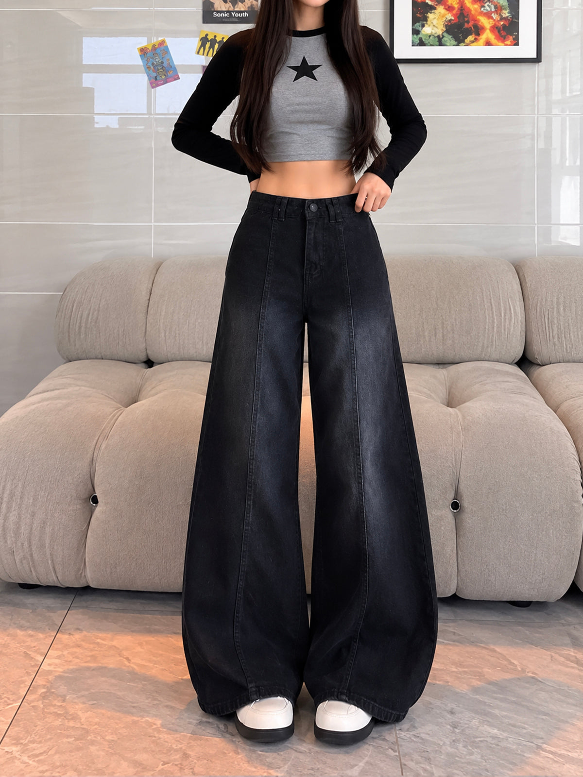 Alaska Black Panelled Super Wide Leg Jeans