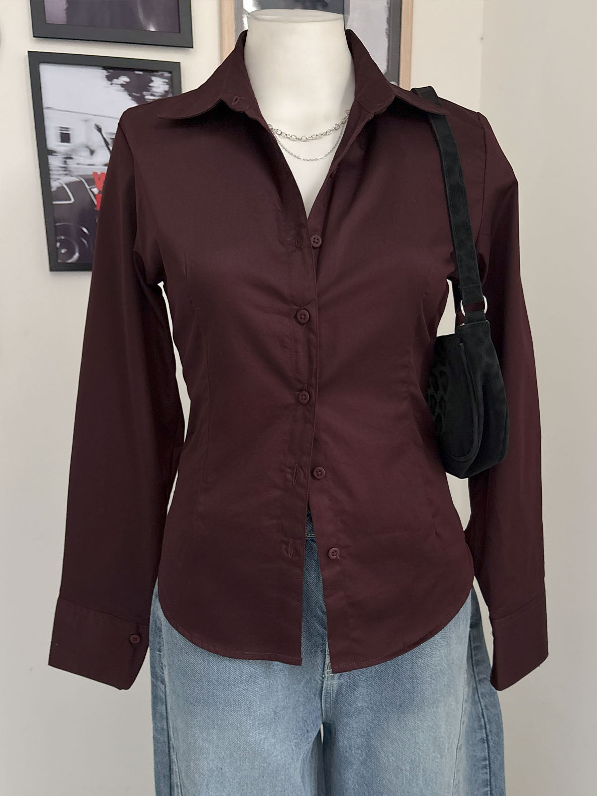 Chocolate Brown Long Sleeve Y2K Fitted Shirt