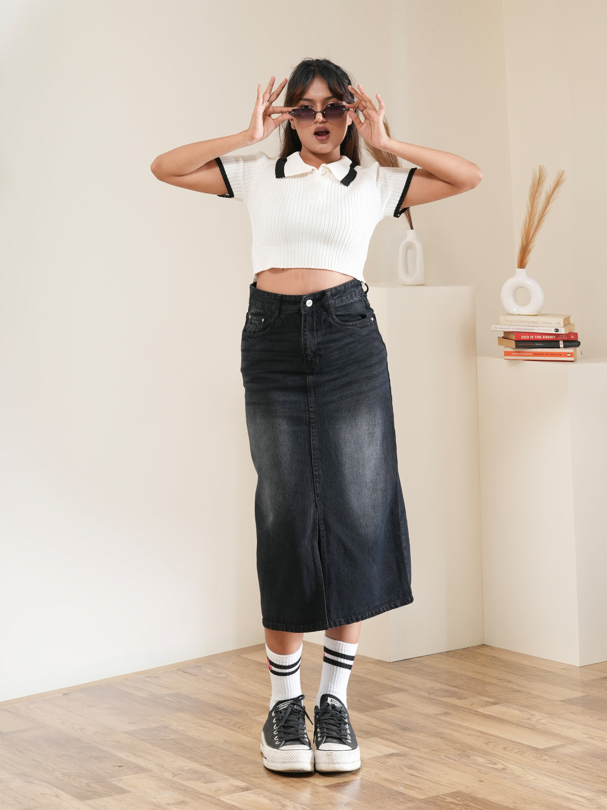 Premium Black Whisker Midi Skirt
