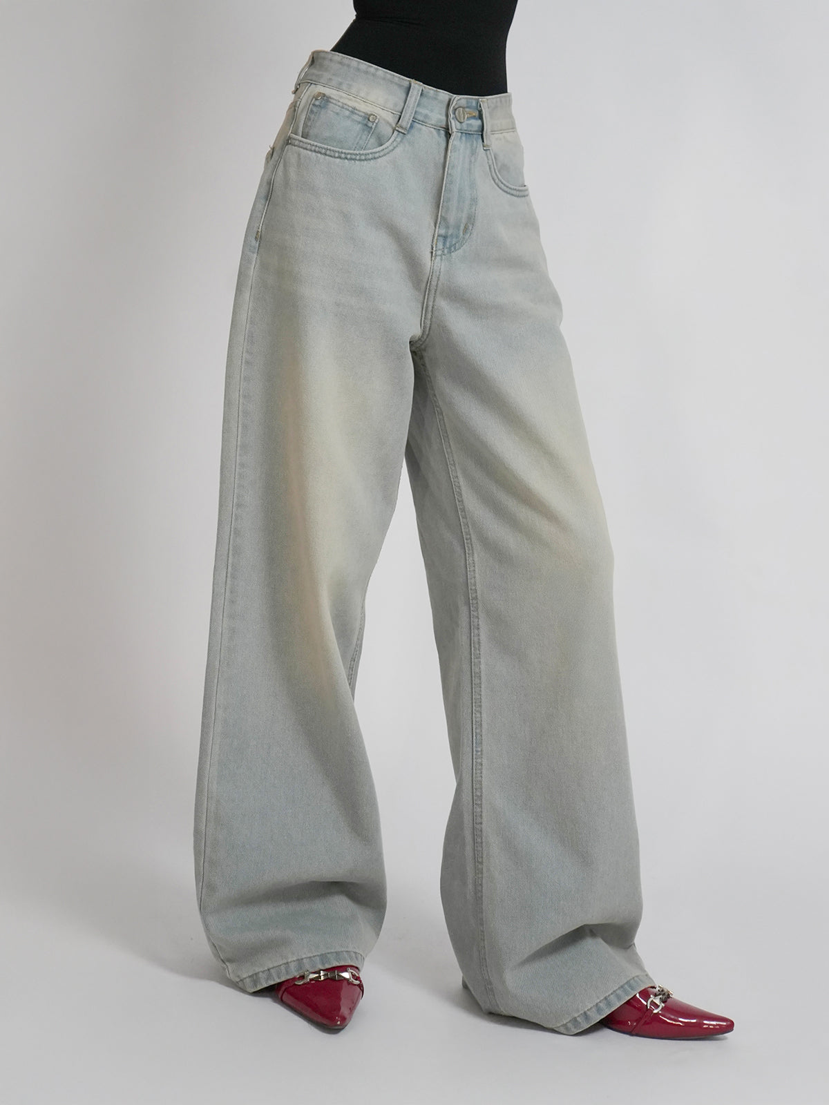 Pale Blue Dirty Wash Wide Leg Jeans