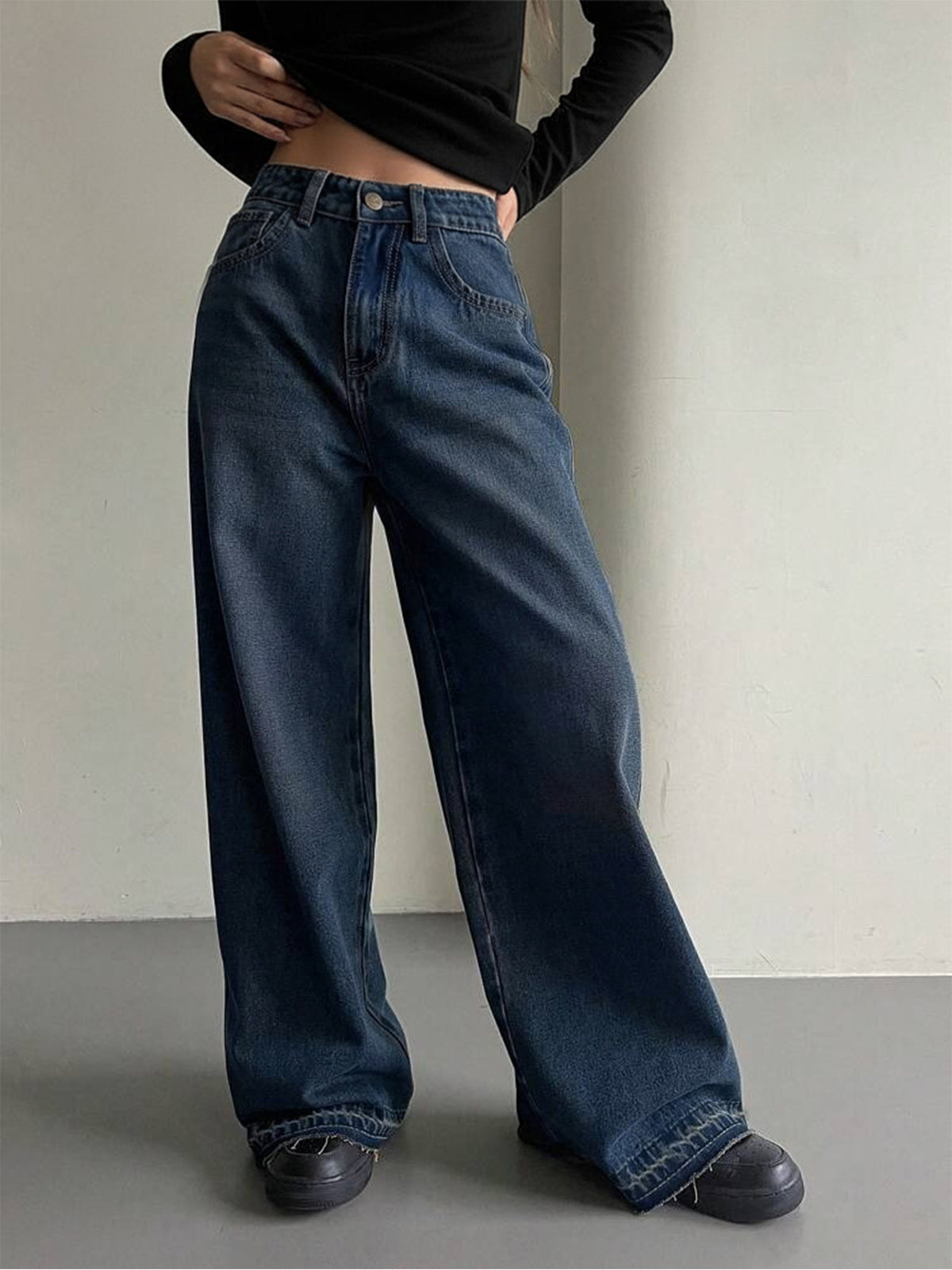 Dark Blue Whisker Y2K Wide Leg Jeans