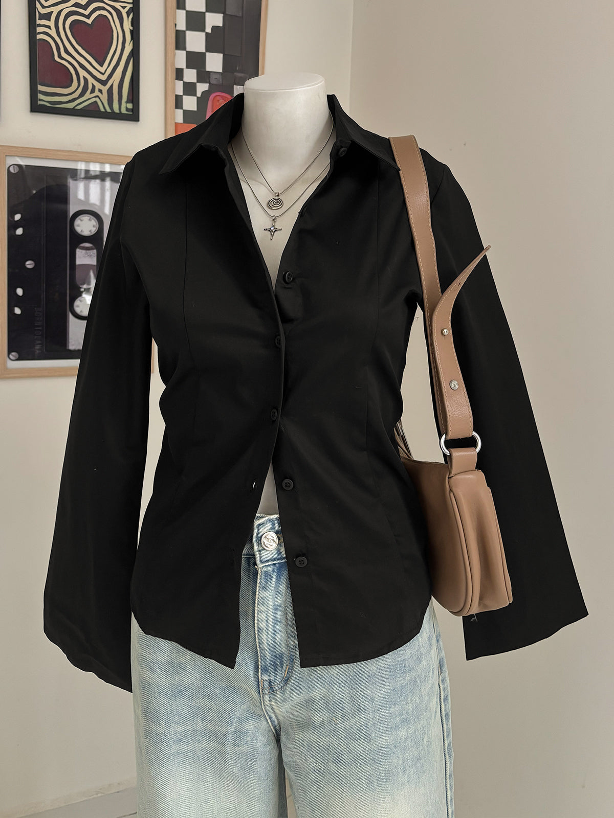 Black Flared Sleeve Y2K Fitted Shirt Black Flared Sleeve Y2K Fitted Shirt