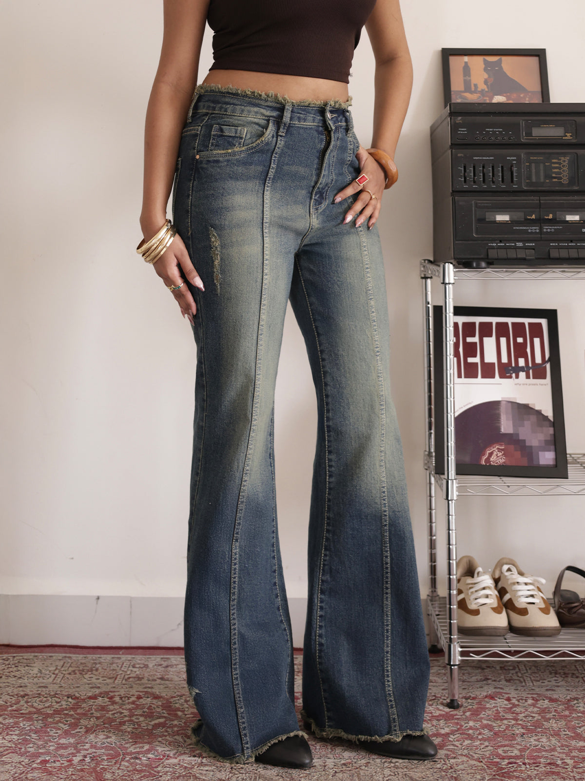 70s Stellar Blue Panelled Frayed Bootcut Jeans