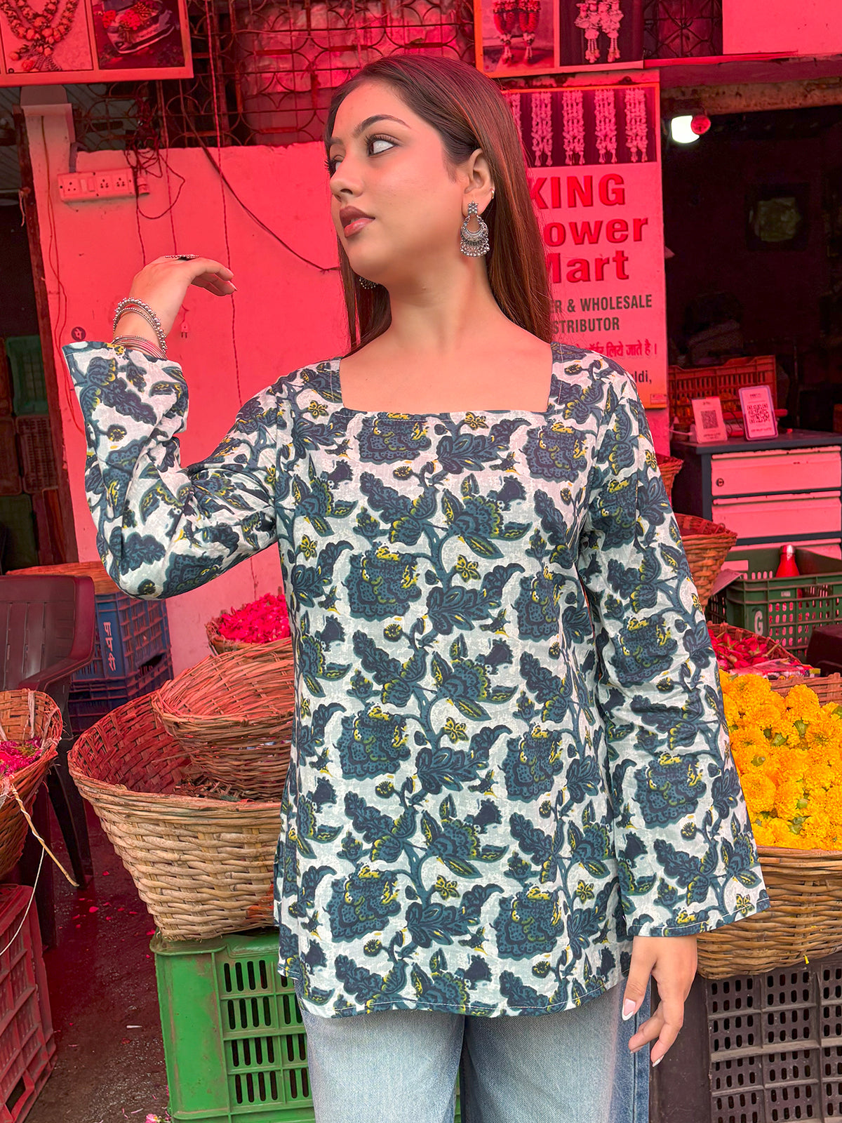 Poonam Square Neck Flared Sleeve Short Kurti
