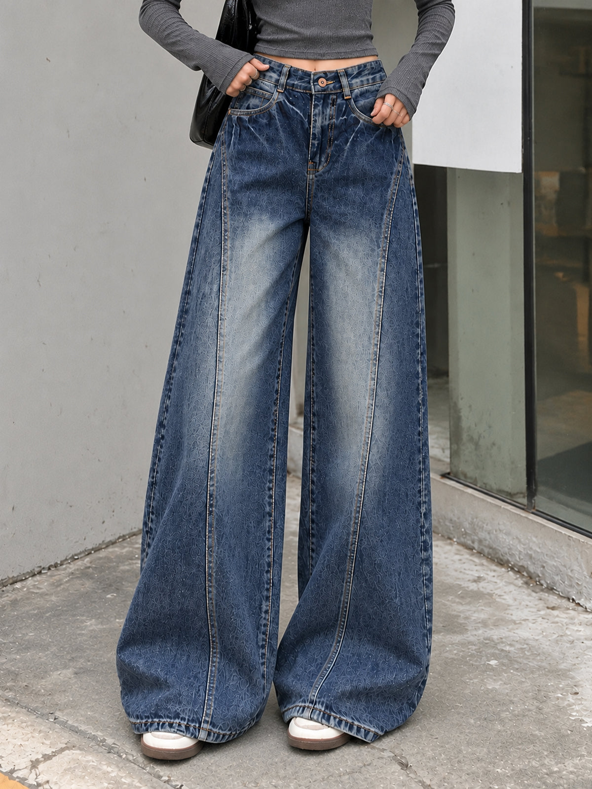 Moon Blue Panelled Washed Super Wide Leg Jeans