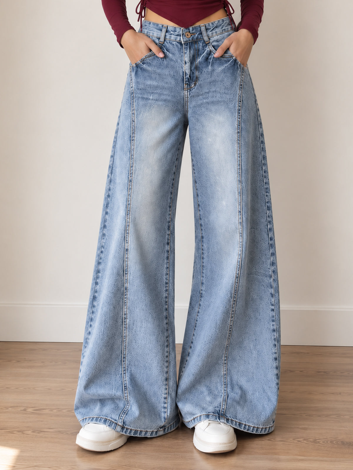 French Blue Panelled Washed Super Wide Leg Jeans