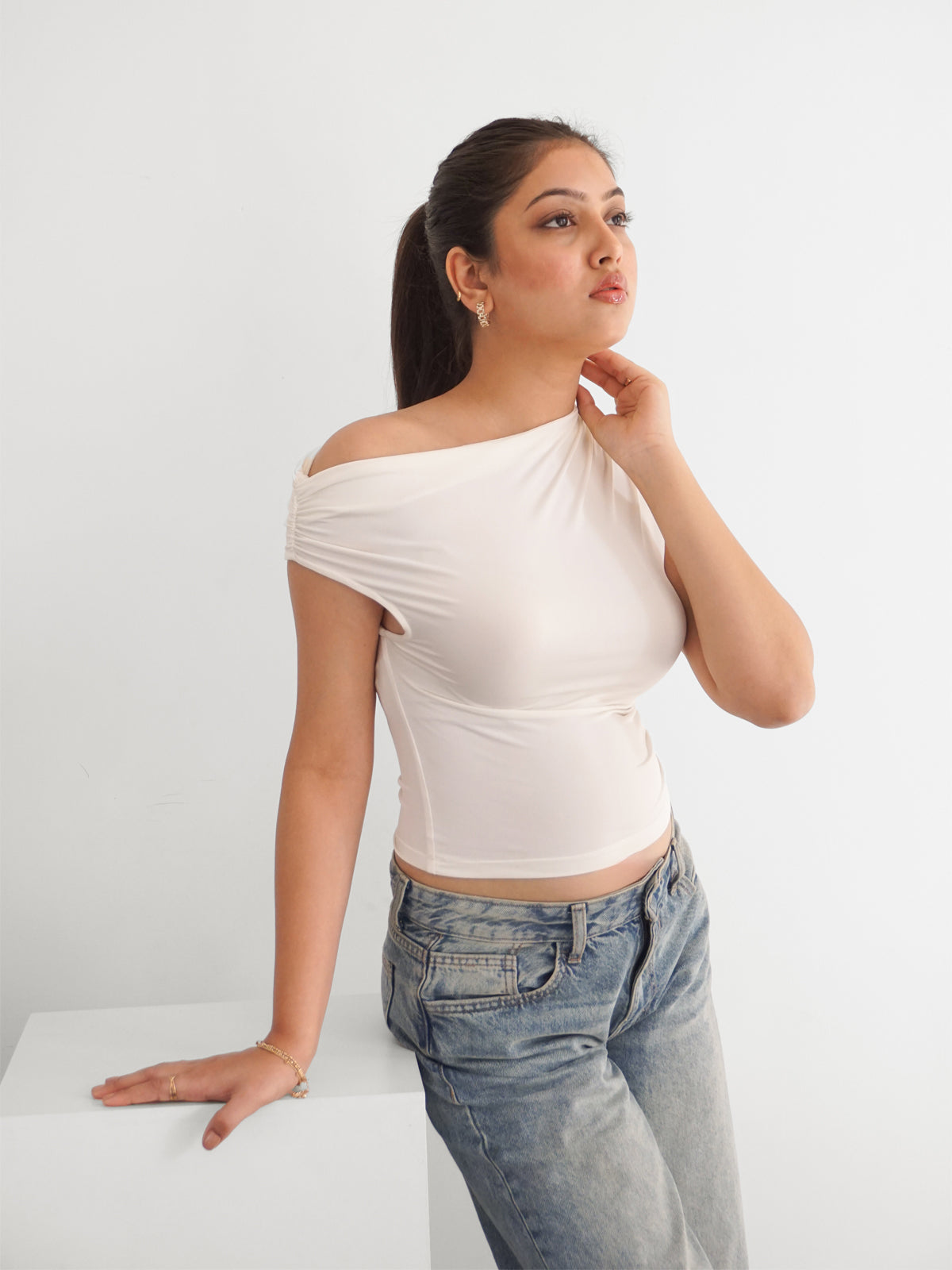 White Asymmetrical Neck Slim Fit Top