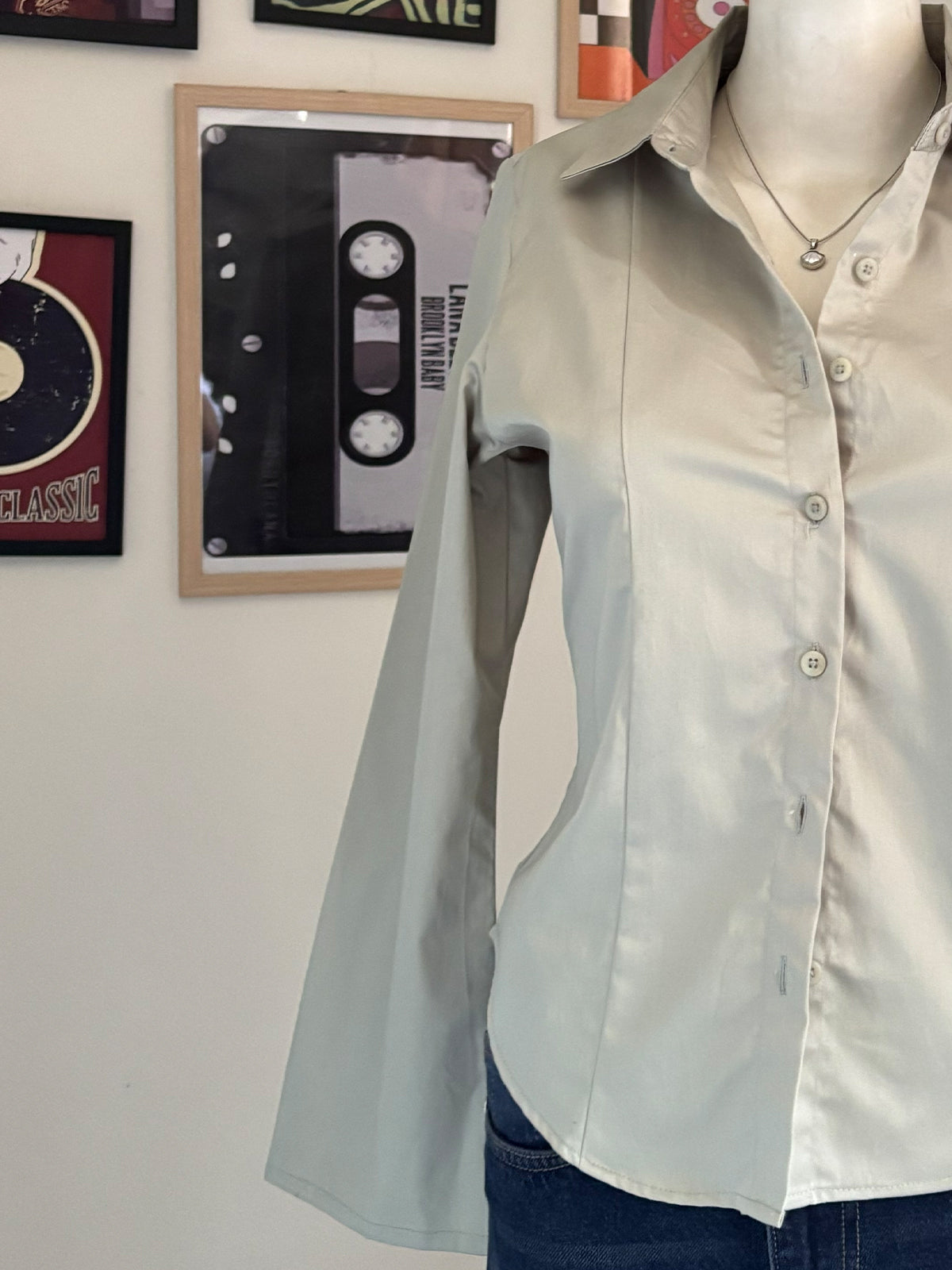 Sage Green Flared Sleeve Y2K Fitted Shirt