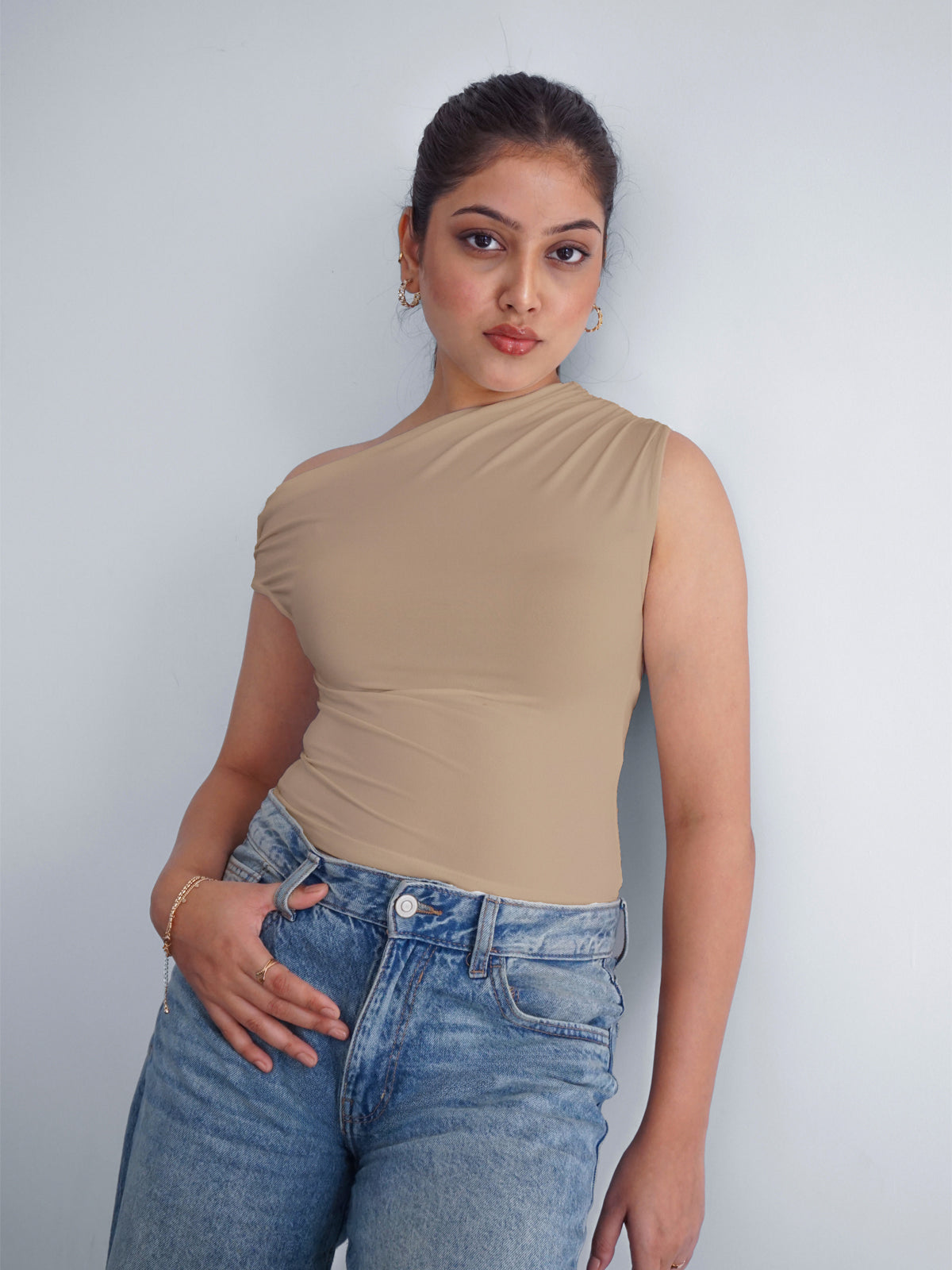 Beige Asymmetrical Neck Slim Fit Top