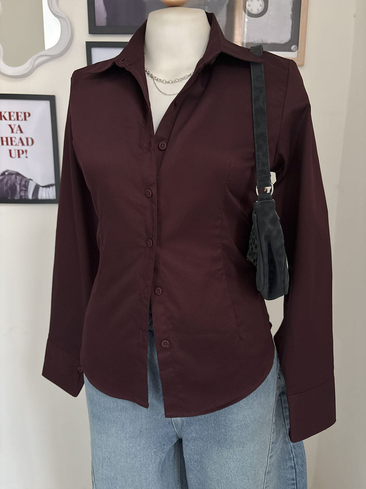 Chocolate Brown Long Sleeve Y2K Fitted Shirt