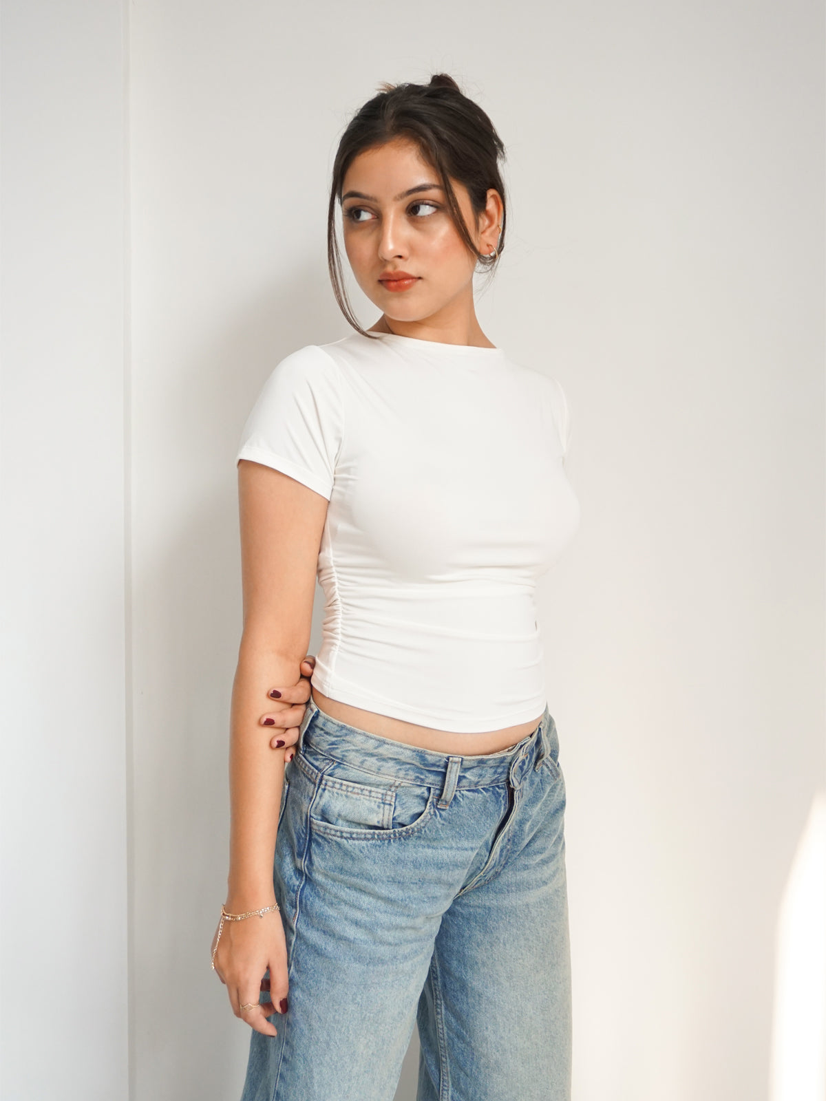 White Ruched Round Neck Top