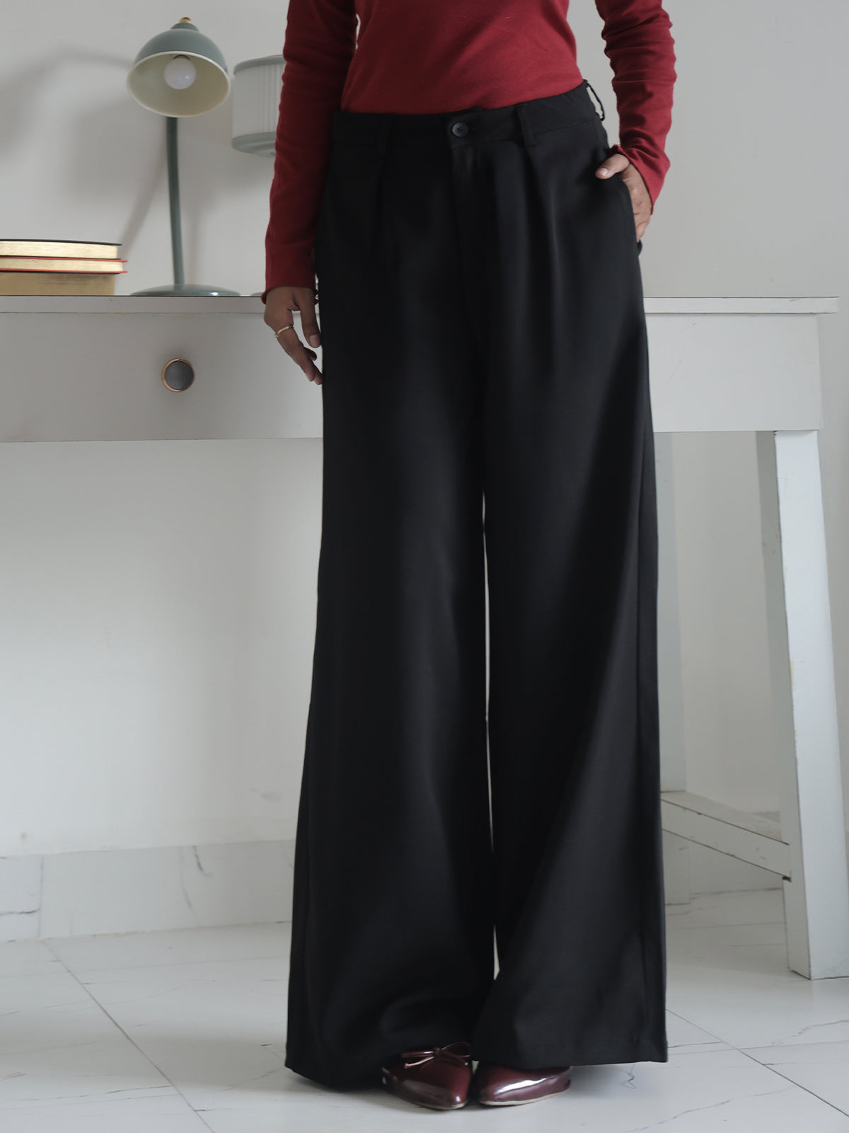Black Pleated Wide Leg Korean Pants
