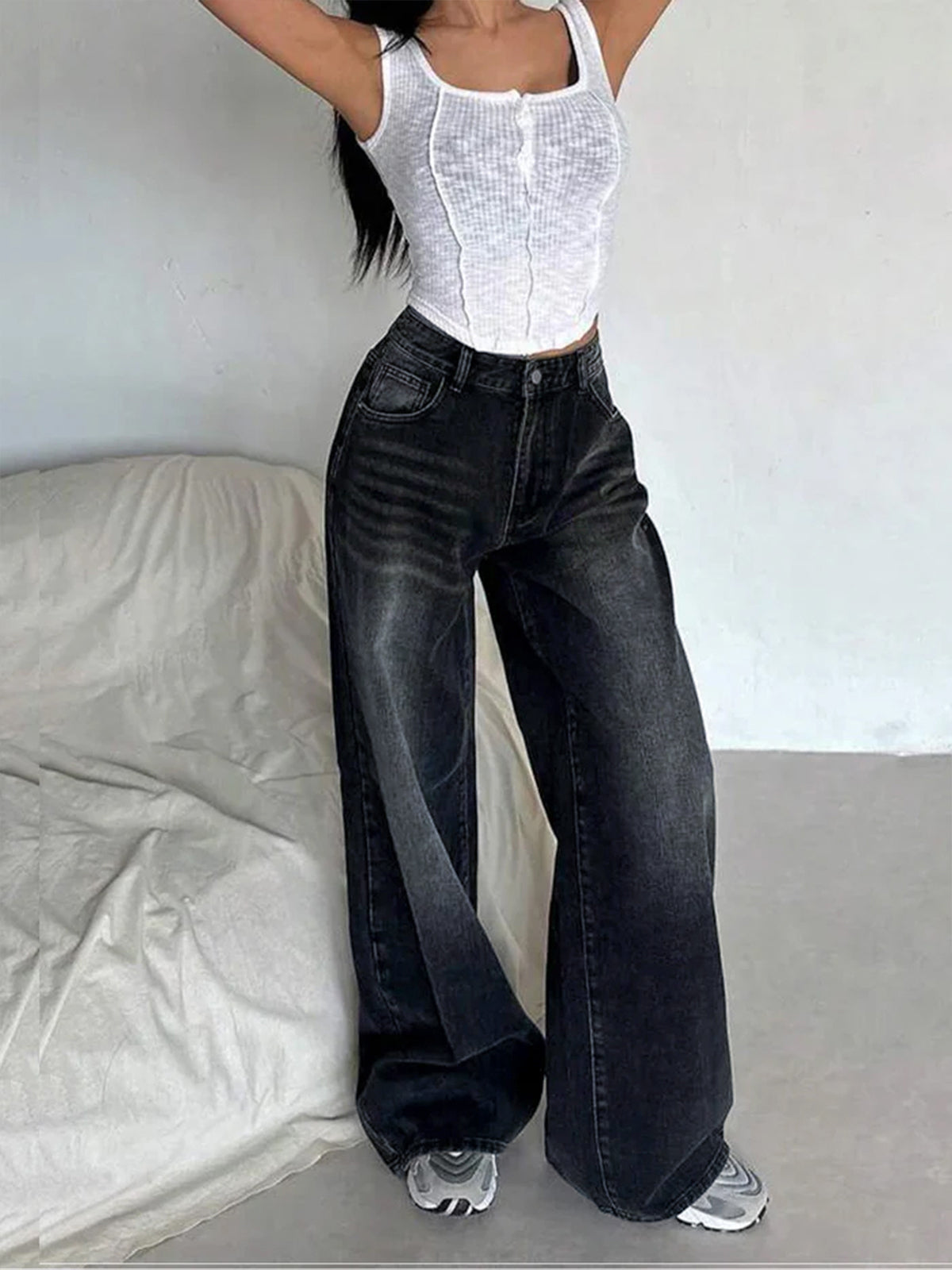 Retro Black Washed Super Wide Leg Jeans