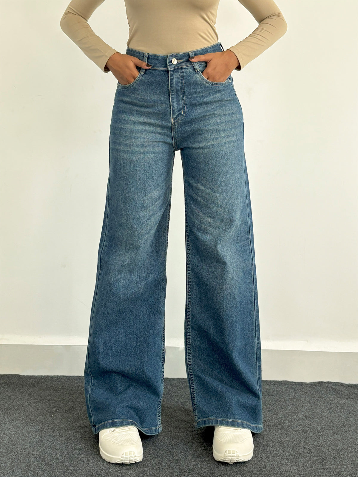 Luxe Vintage Aqua Blue Cat Whisker Stretchable Wide Leg Jeans